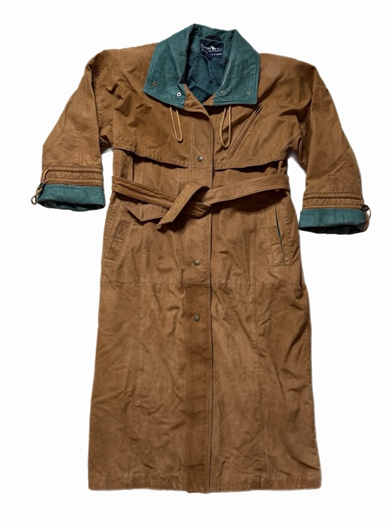 Vintage Jackets & Blazers - VTG 80s Hunters Run Brown Suede Teal Leather Trench Coat Jacket M Fall Heritage